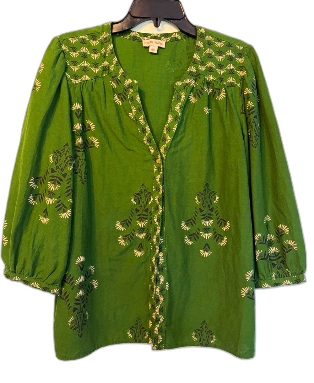 Knox Rose Women's Green/White Floral V-Neck 3/4 Sleeve Button Woven Blouse L